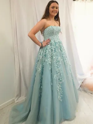 Strapless Light Blue Lace Prom Dresses, Ice Blue Lace Formal Evening Dresses
