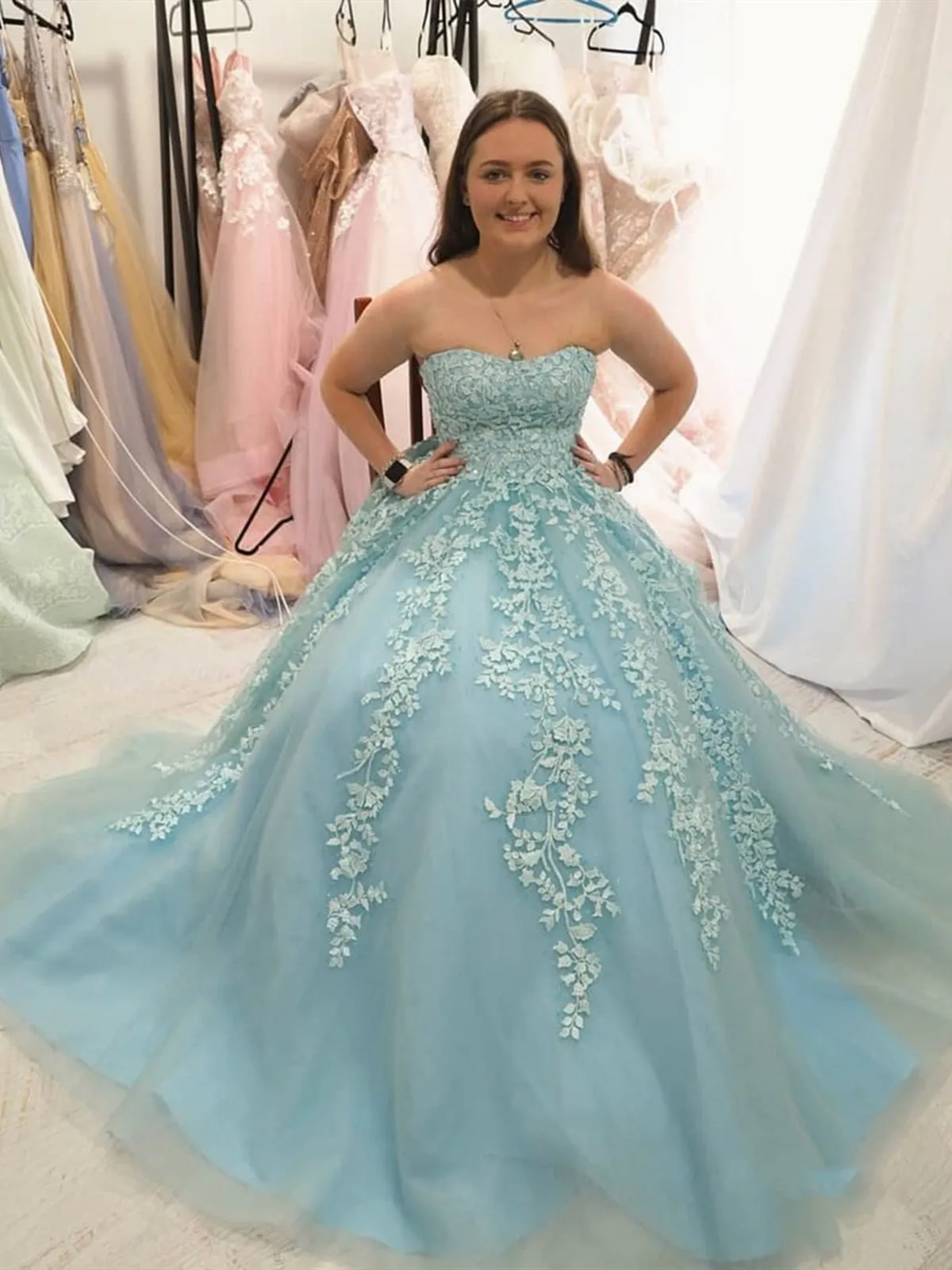 Strapless Light Blue Lace Prom Dresses, Ice Blue Lace Formal Evening Dresses