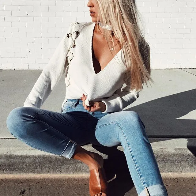 Straps Deep V-neck Pure Color Crop Pullover Sweater