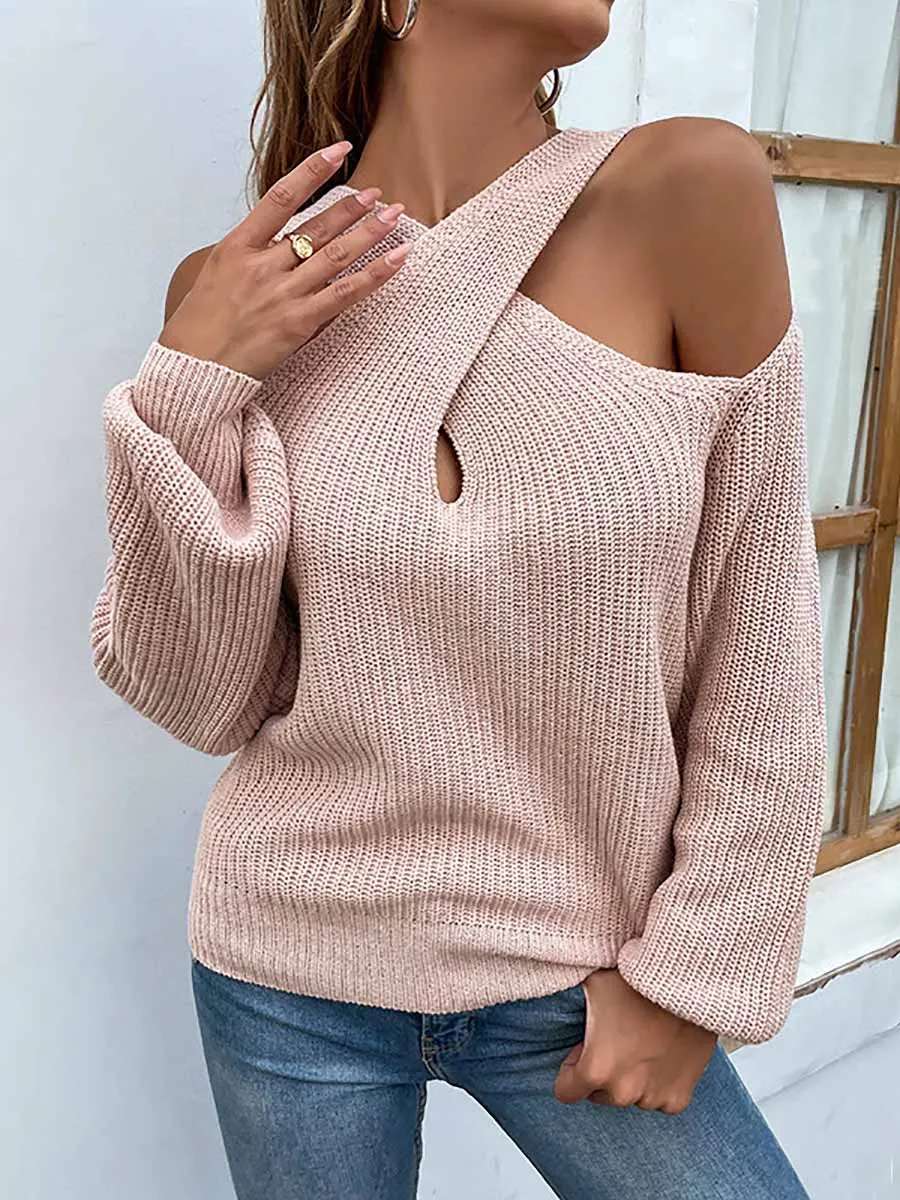 Stunncal Solid Color Crossed Hanging Shoulder Knit Sweater