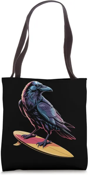 Stylish Raven Surfing on Surfboard Tote Bag
