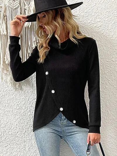 Stylish Warmth Button Detail Turtleneck Sweatshirt
