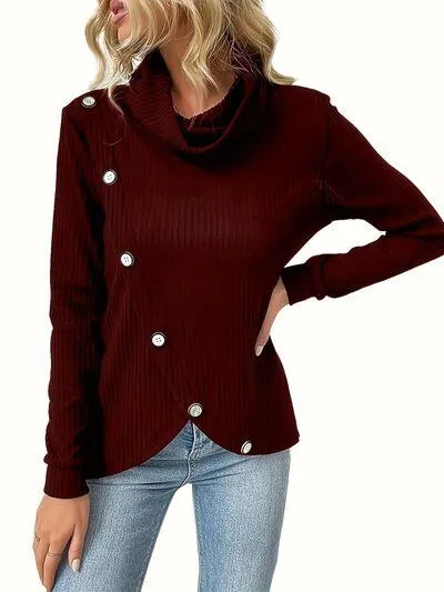 Stylish Warmth Button Detail Turtleneck Sweatshirt