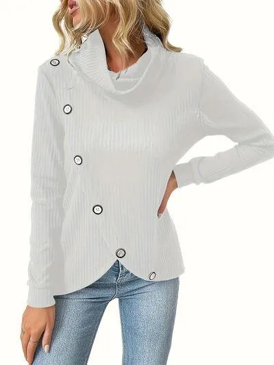 Stylish Warmth Button Detail Turtleneck Sweatshirt