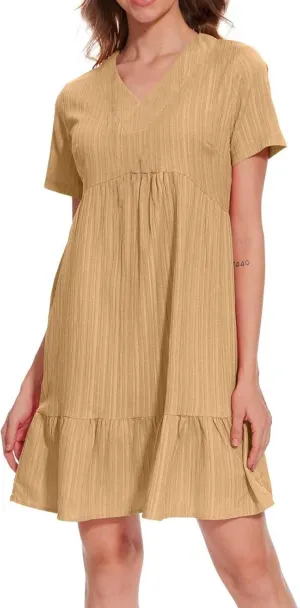 Summer Dresses for Women 2025 Trendy Short Sleeve Pleated Midi Dress Casual Flowy V Neck Elegant Beach Sundresses