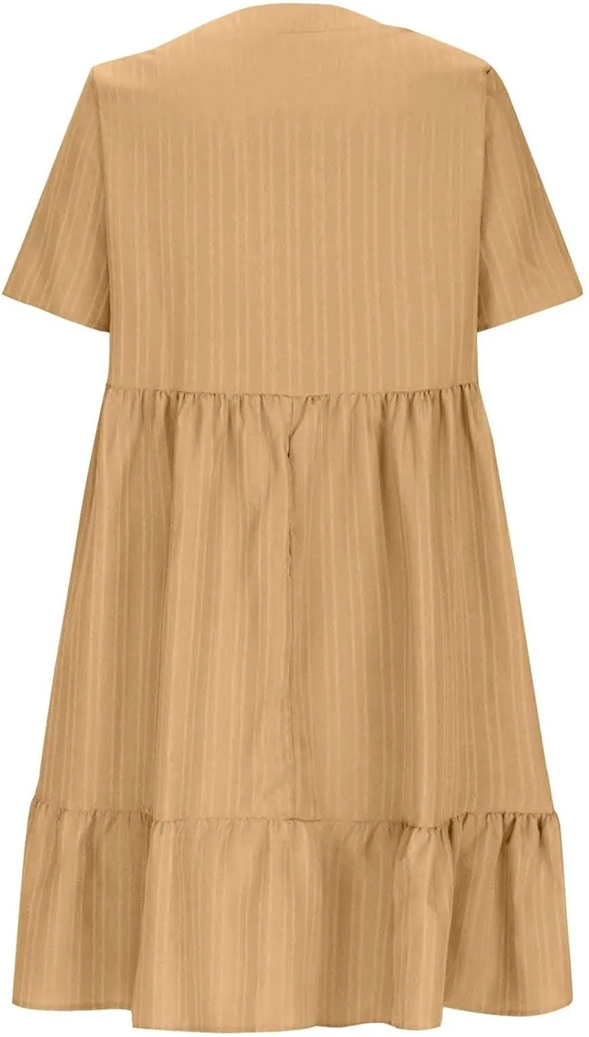 Summer Dresses for Women 2025 Trendy Short Sleeve Pleated Midi Dress Casual Flowy V Neck Elegant Beach Sundresses