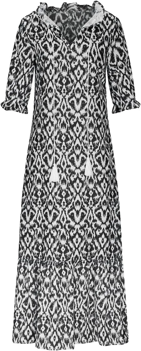 Summer Maxi Dresses for Women 2025 Vacation 3/4 Sleeve Boho Floral Long Dresses V Neck Casual Comfy Loose Dress