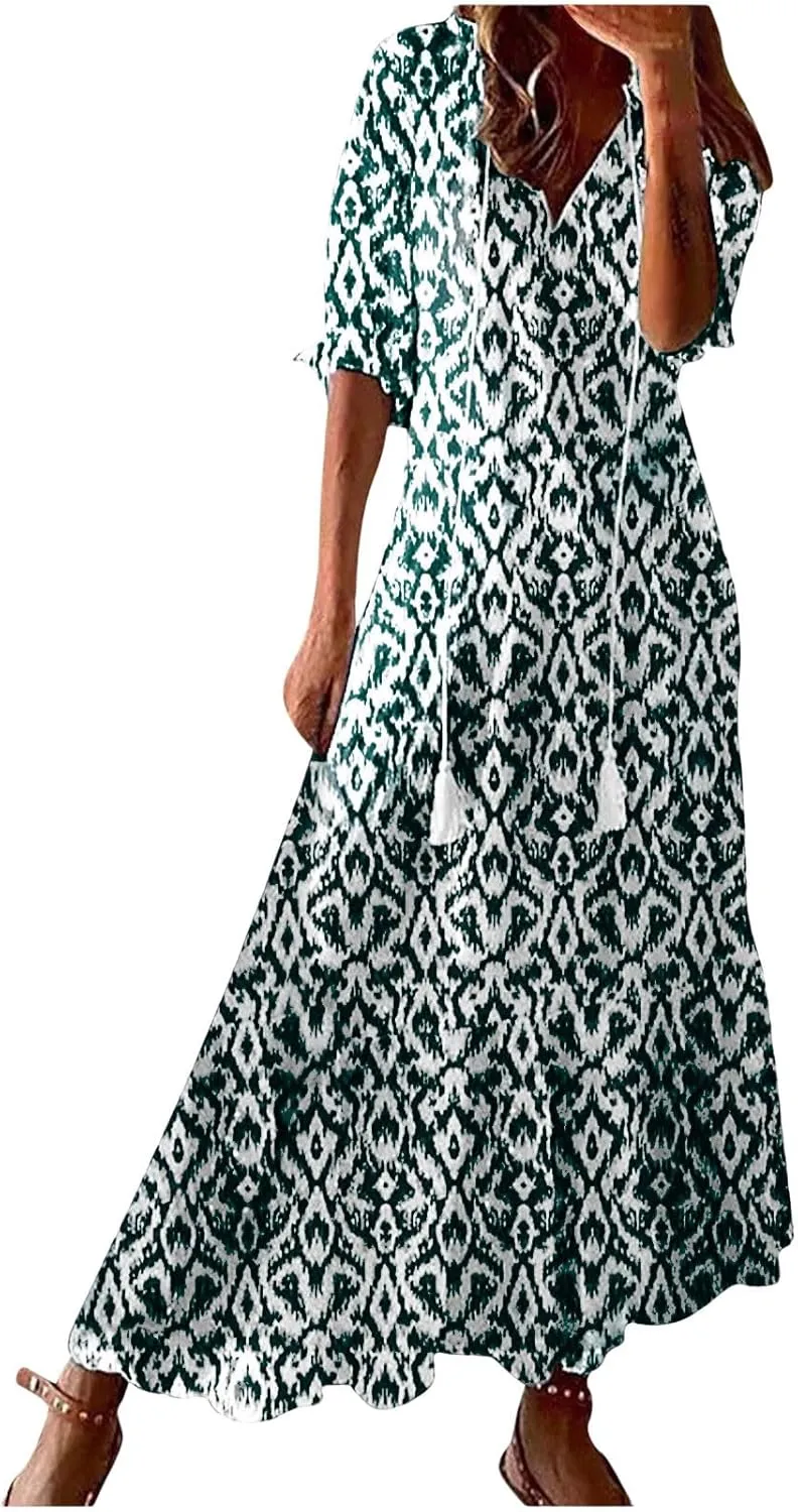 Summer Maxi Dresses for Women 2025 Vacation 3/4 Sleeve Boho Floral Long Dresses V Neck Casual Comfy Loose Dress