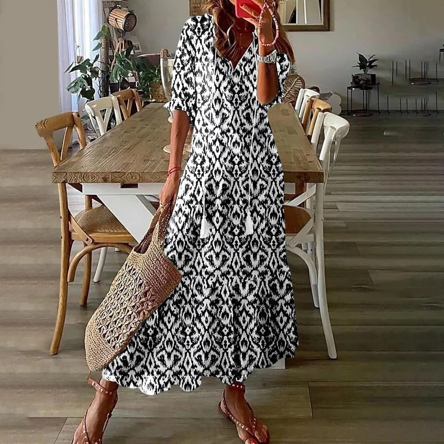 Summer Maxi Dresses for Women 2025 Vacation 3/4 Sleeve Boho Floral Long Dresses V Neck Casual Comfy Loose Dress