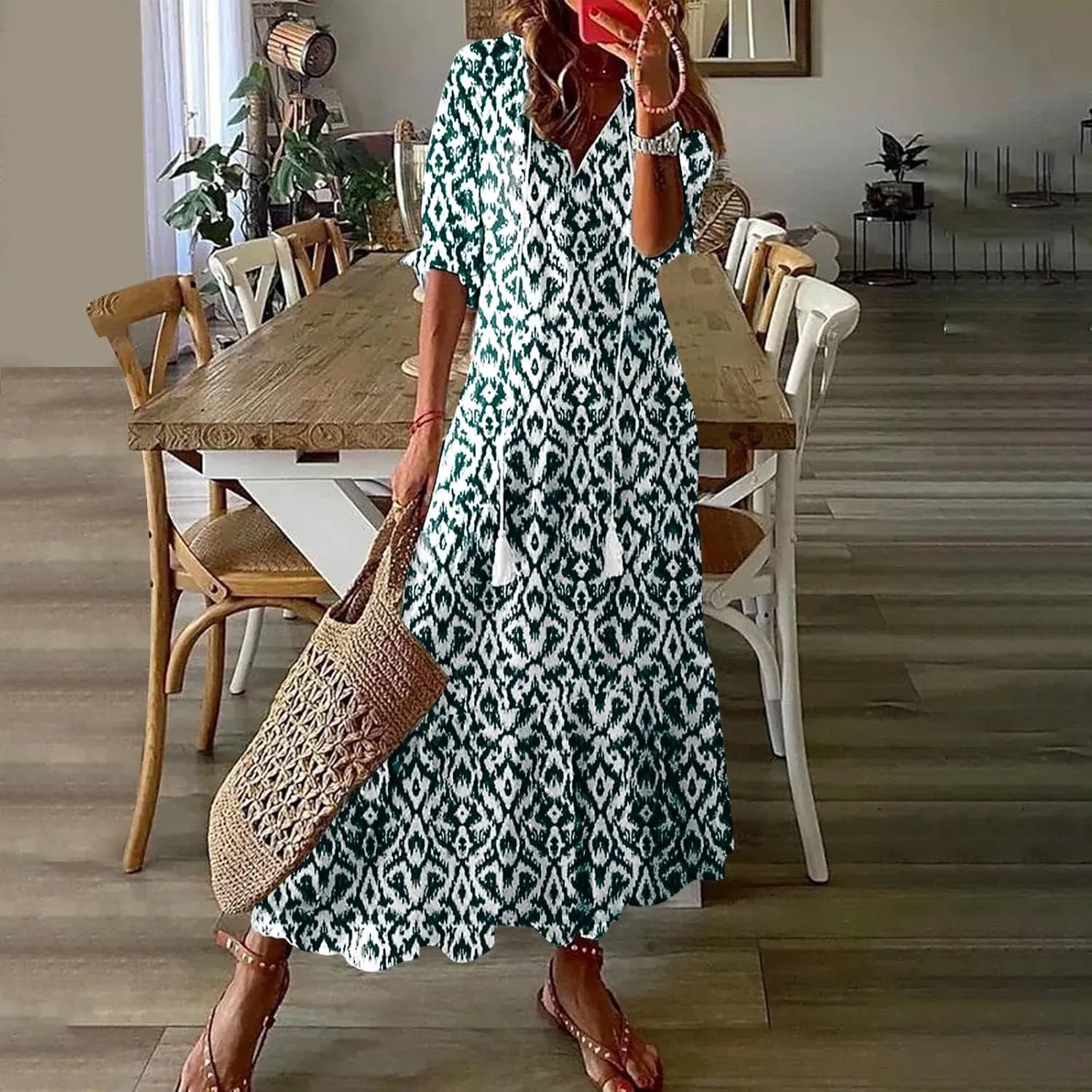 Summer Maxi Dresses for Women 2025 Vacation 3/4 Sleeve Boho Floral Long Dresses V Neck Casual Comfy Loose Dress