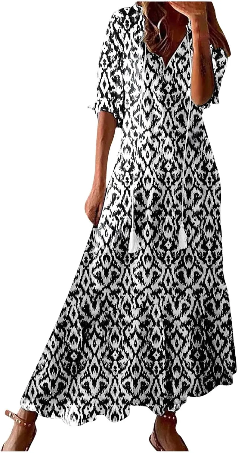 Summer Maxi Dresses for Women 2025 Vacation 3/4 Sleeve Boho Floral Long Dresses V Neck Casual Comfy Loose Dress