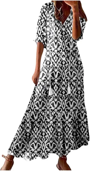 Summer Maxi Dresses for Women 2025 Vacation 3/4 Sleeve Boho Floral Long Dresses V Neck Casual Comfy Loose Dress