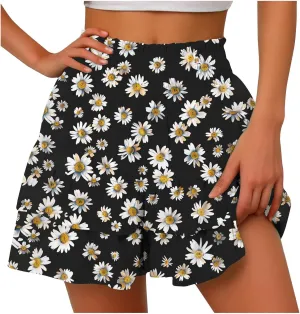 Summer Shorts for Women 2024 Elastic High Waisted Pleated Ruffle Mini Skirts Cute Beach Vacation Flowy Shorts Skorts