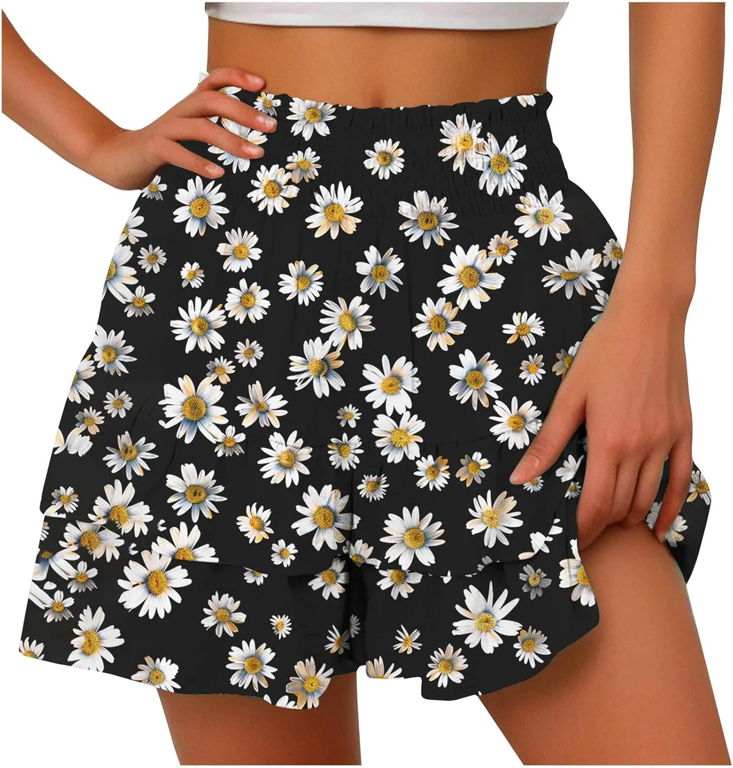 Summer Shorts for Women 2024 Elastic High Waisted Pleated Ruffle Mini Skirts Cute Beach Vacation Flowy Shorts Skorts