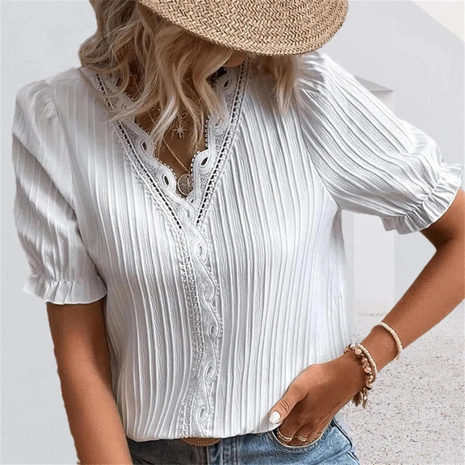 Summer Tops for Women 2025 Casual Lace V Neck Plain Elegant Shirt Fashion Solid Short Sleeve Tunic Blouses Outfits