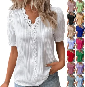 Summer Tops for Women 2025 Casual Lace V Neck Plain Elegant Shirt Fashion Solid Short Sleeve Tunic Blouses Outfits