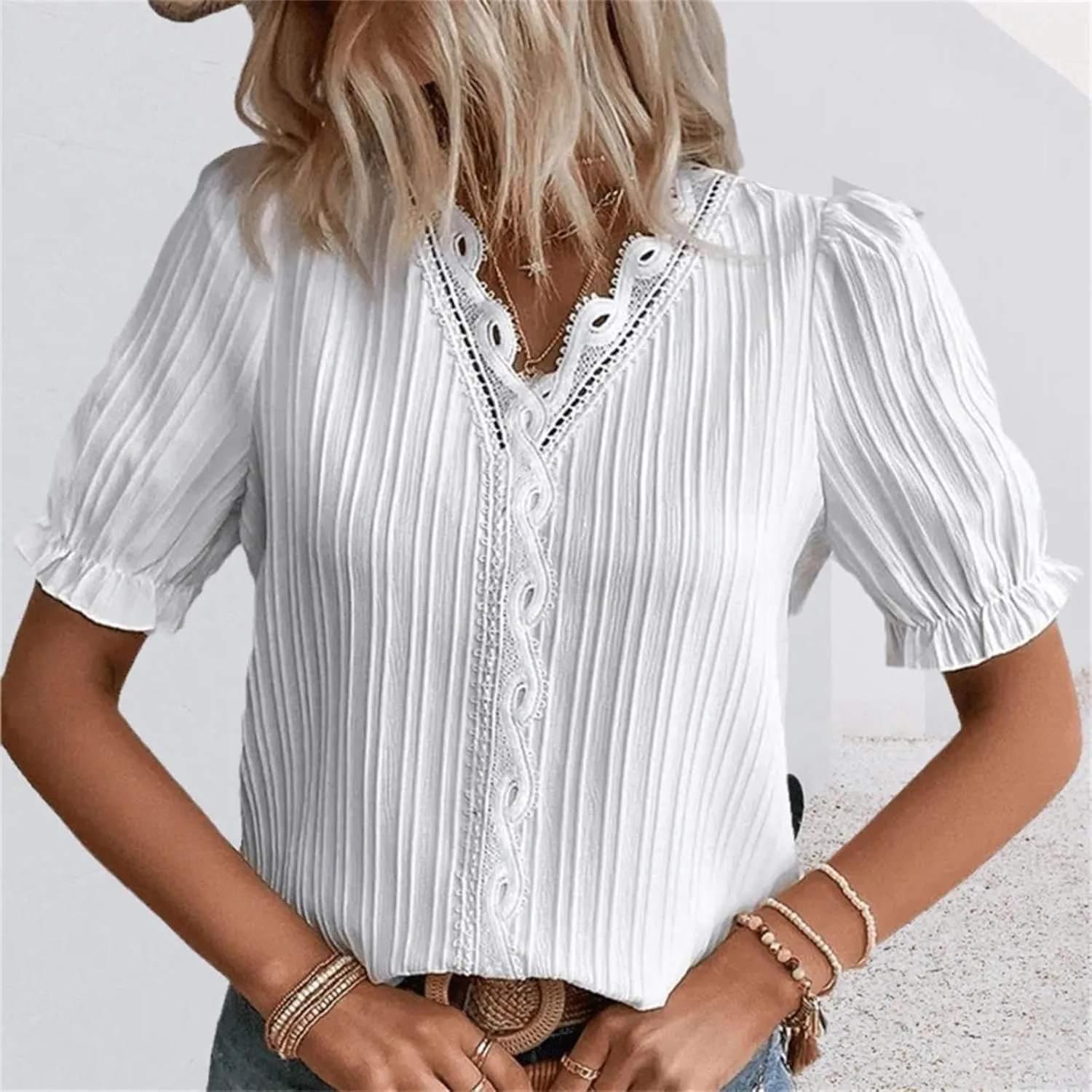 Summer Tops for Women 2025 Casual Lace V Neck Plain Elegant Shirt Fashion Solid Short Sleeve Tunic Blouses Outfits