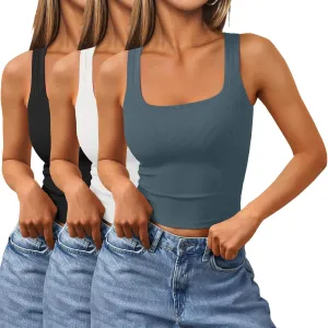 SUNBS Women's 3 Pack Square Neck Tank Tops Sleeveless Ribbed Workout Cute Outfits Summer Cropped Camisole Fashion Clothes