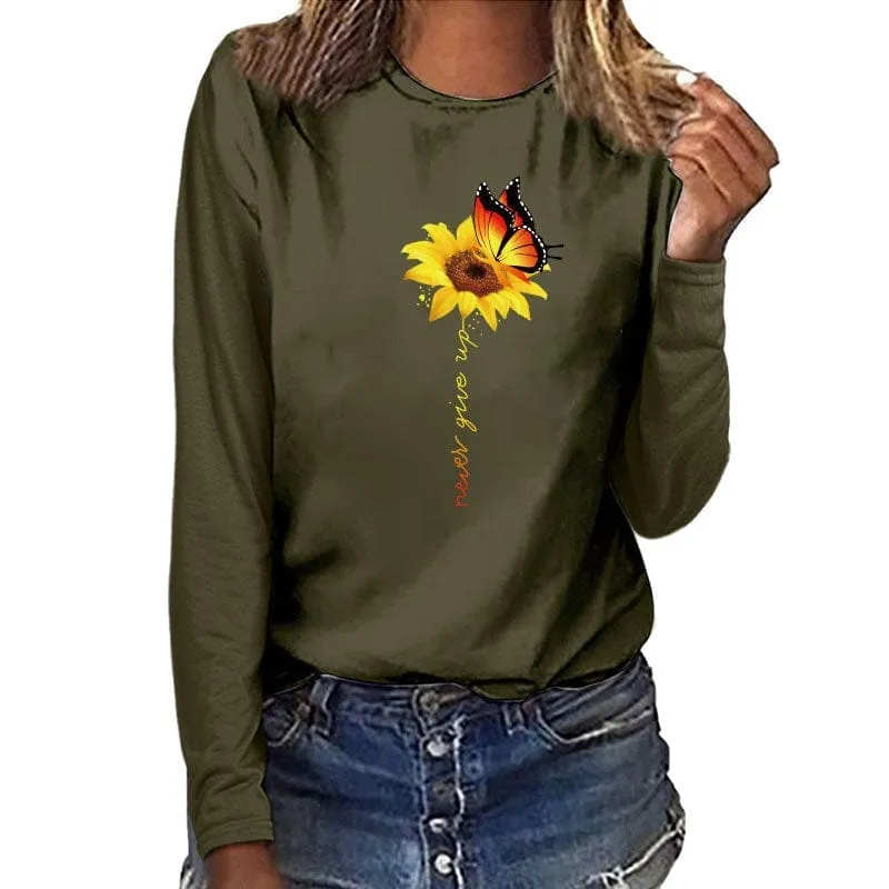 Sunflower Butterfly Never Give Up Printed Long Sleeve T-shirts