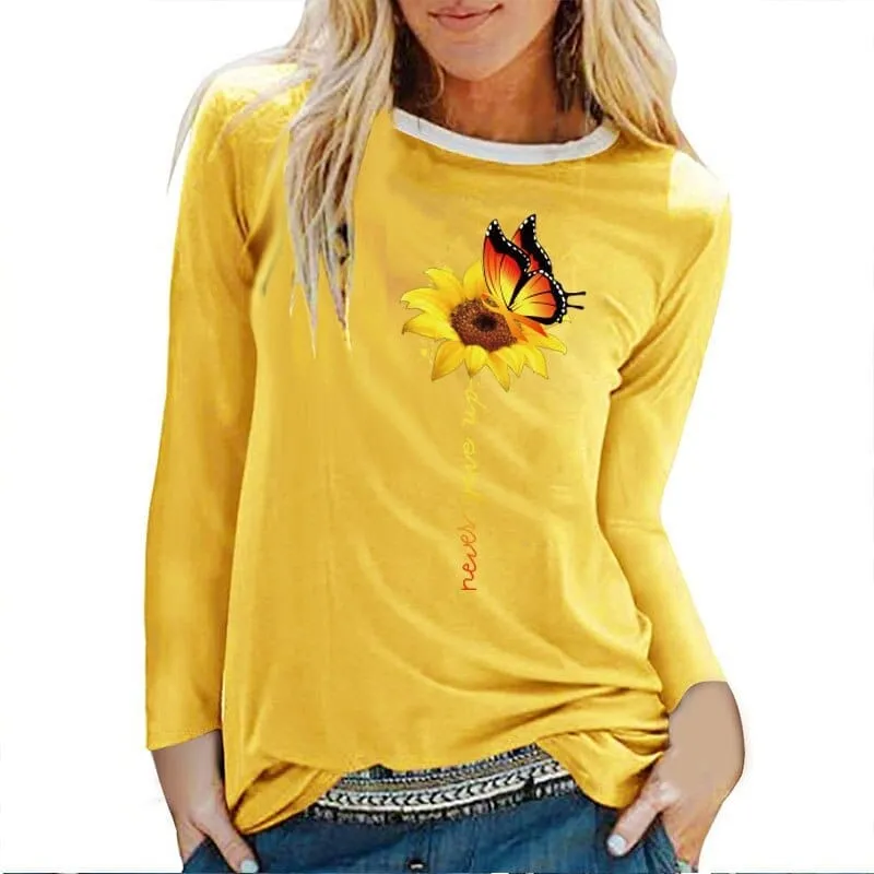 Sunflower Butterfly Never Give Up Printed Long Sleeve T-shirts