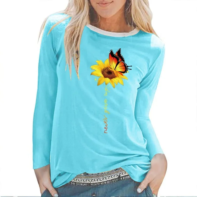 Sunflower Butterfly Never Give Up Printed Long Sleeve T-shirts