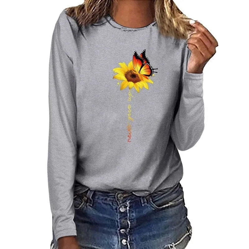 Sunflower Butterfly Never Give Up Printed Long Sleeve T-shirts