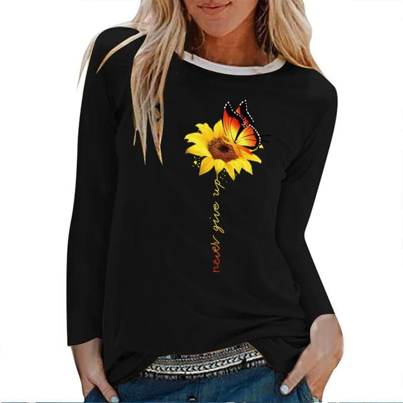 Sunflower Butterfly Never Give Up Printed Long Sleeve T-shirts
