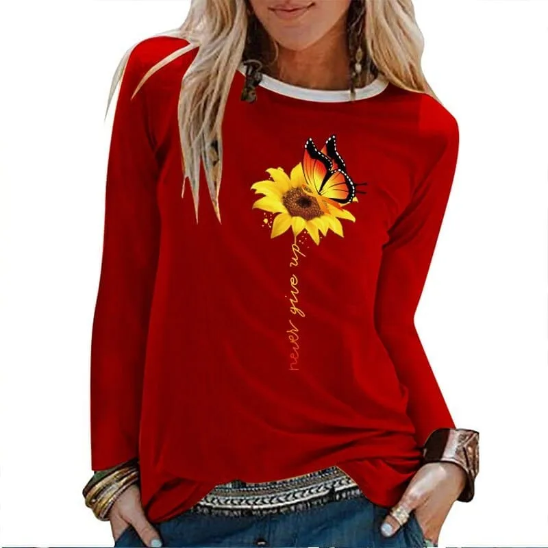 Sunflower Butterfly Never Give Up Printed Long Sleeve T-shirts