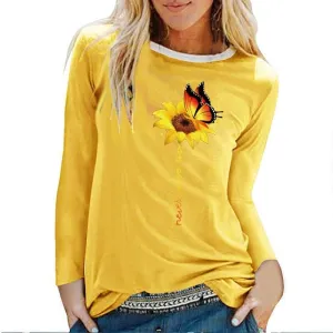 Sunflower Butterfly Never Give Up Printed Long Sleeve T-shirts