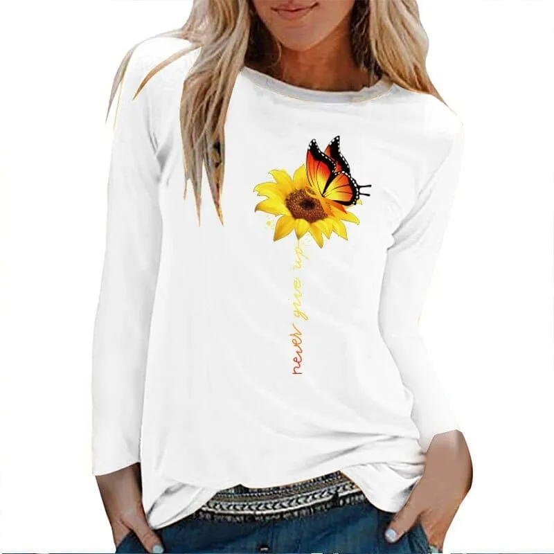 Sunflower Butterfly Never Give Up Printed Long Sleeve T-shirts