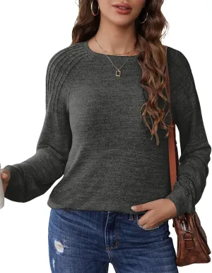 Sweatshirts for Women Trendy Crewneck Pleated Tunic Shirts Long Sleeve Fall Tops Fashion 2024