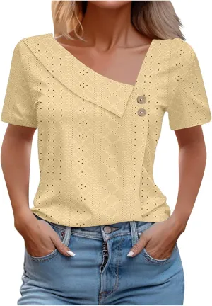 T Shirt for Women Trendy Summer Petal Short Sleeve Tee V Neck Petite Tops Cute Lace Eyelet Blouses Dressy Casual Tunic
