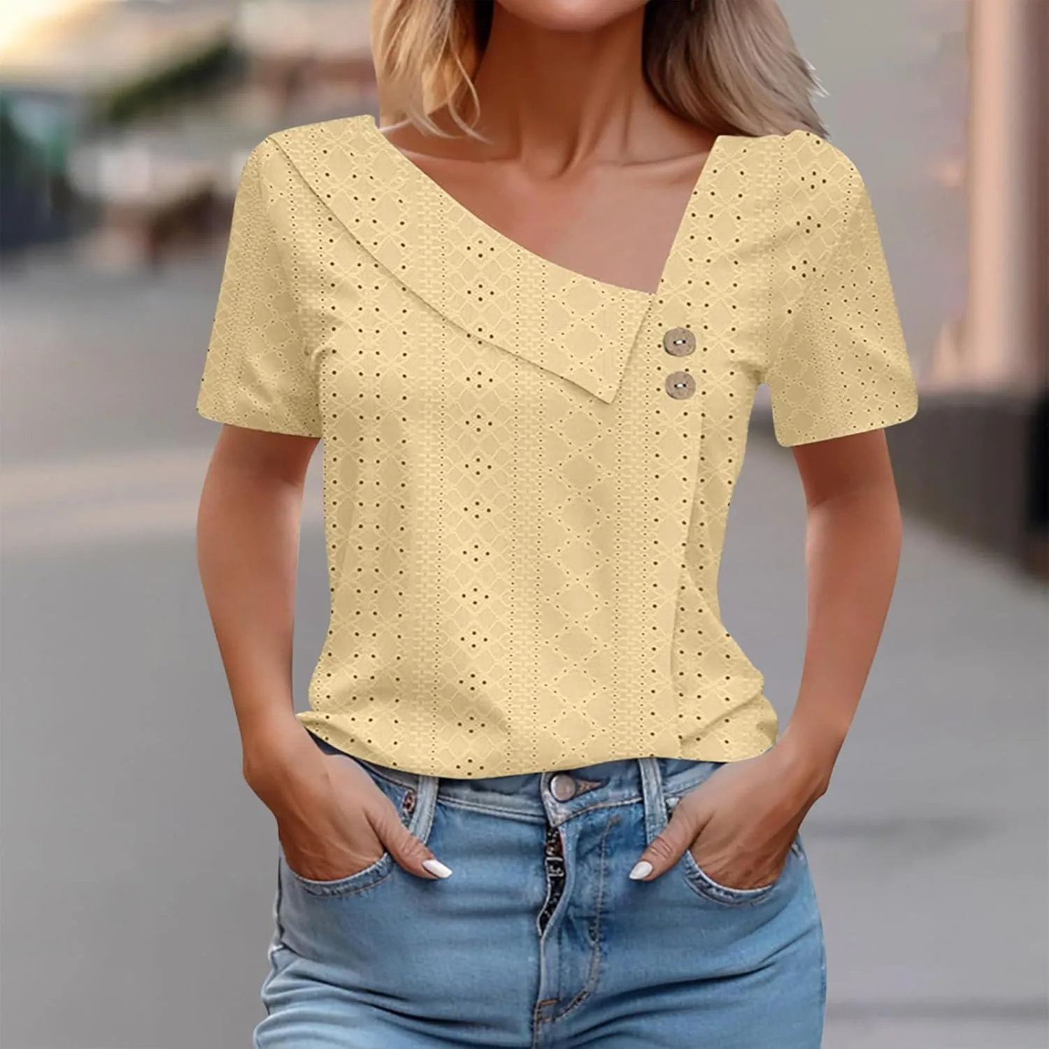T Shirt for Women Trendy Summer Petal Short Sleeve Tee V Neck Petite Tops Cute Lace Eyelet Blouses Dressy Casual Tunic