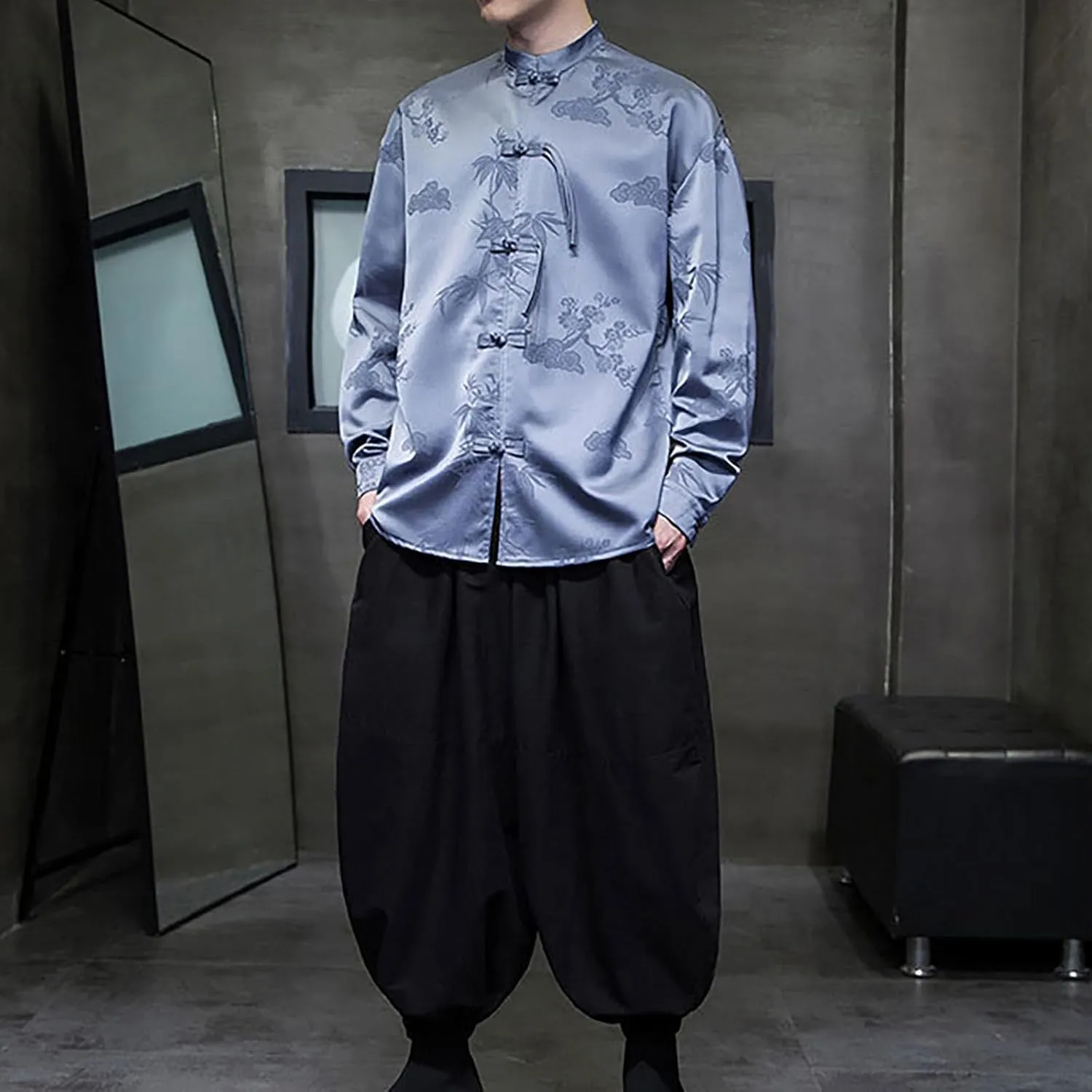 Tai Chi Clothing Chinese Traditional Uniform Tops Kung Fu Clothes Luxury Flowered Printed Button Down Satin Shirt Big&Tall