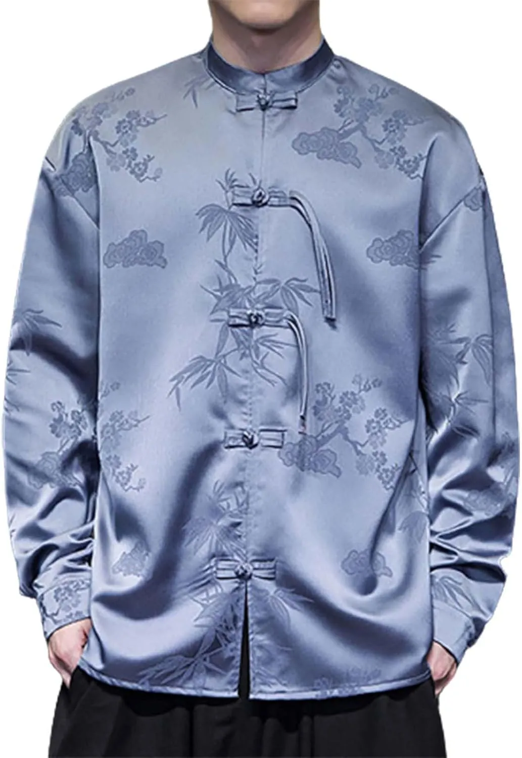 Tai Chi Clothing Chinese Traditional Uniform Tops Kung Fu Clothes Luxury Flowered Printed Button Down Satin Shirt Big&Tall
