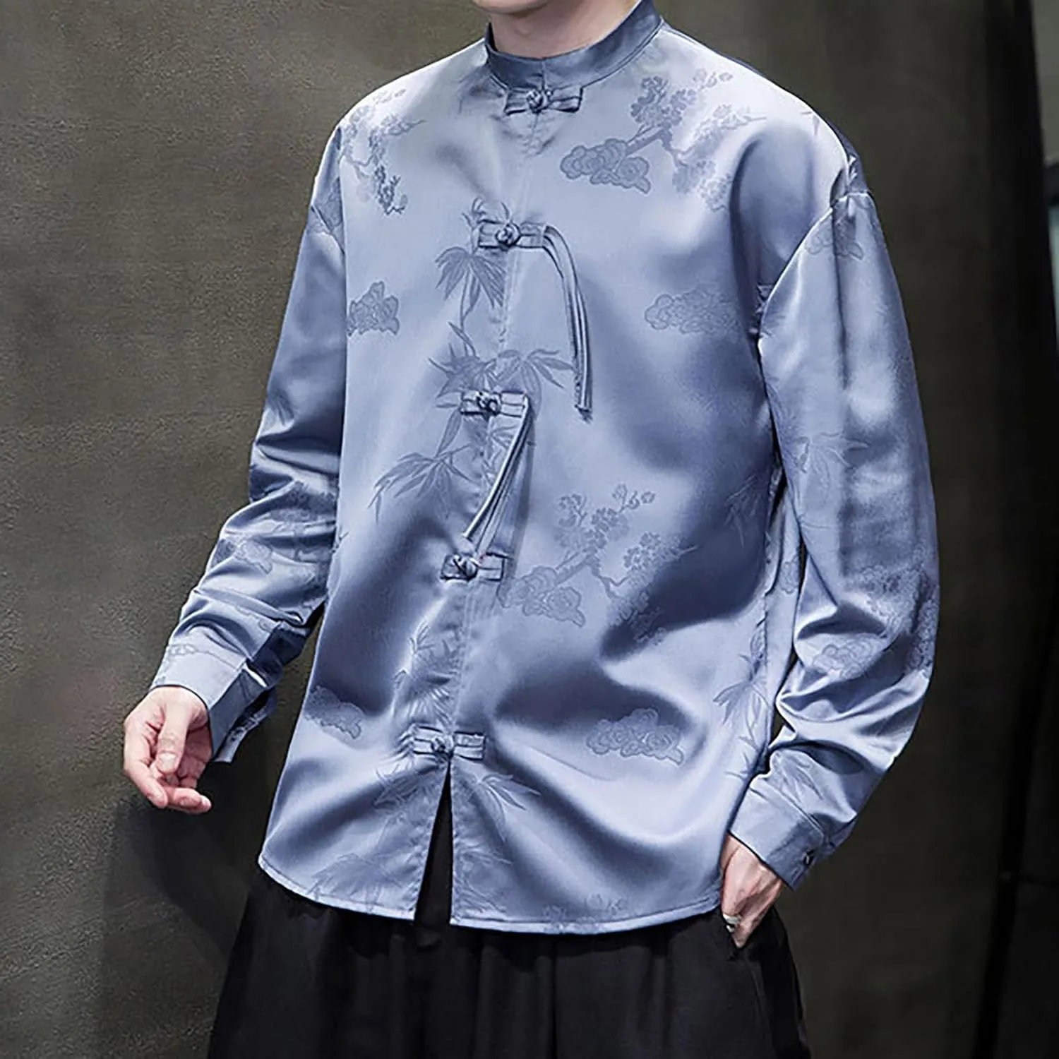 Tai Chi Clothing Chinese Traditional Uniform Tops Kung Fu Clothes Luxury Flowered Printed Button Down Satin Shirt Big&Tall