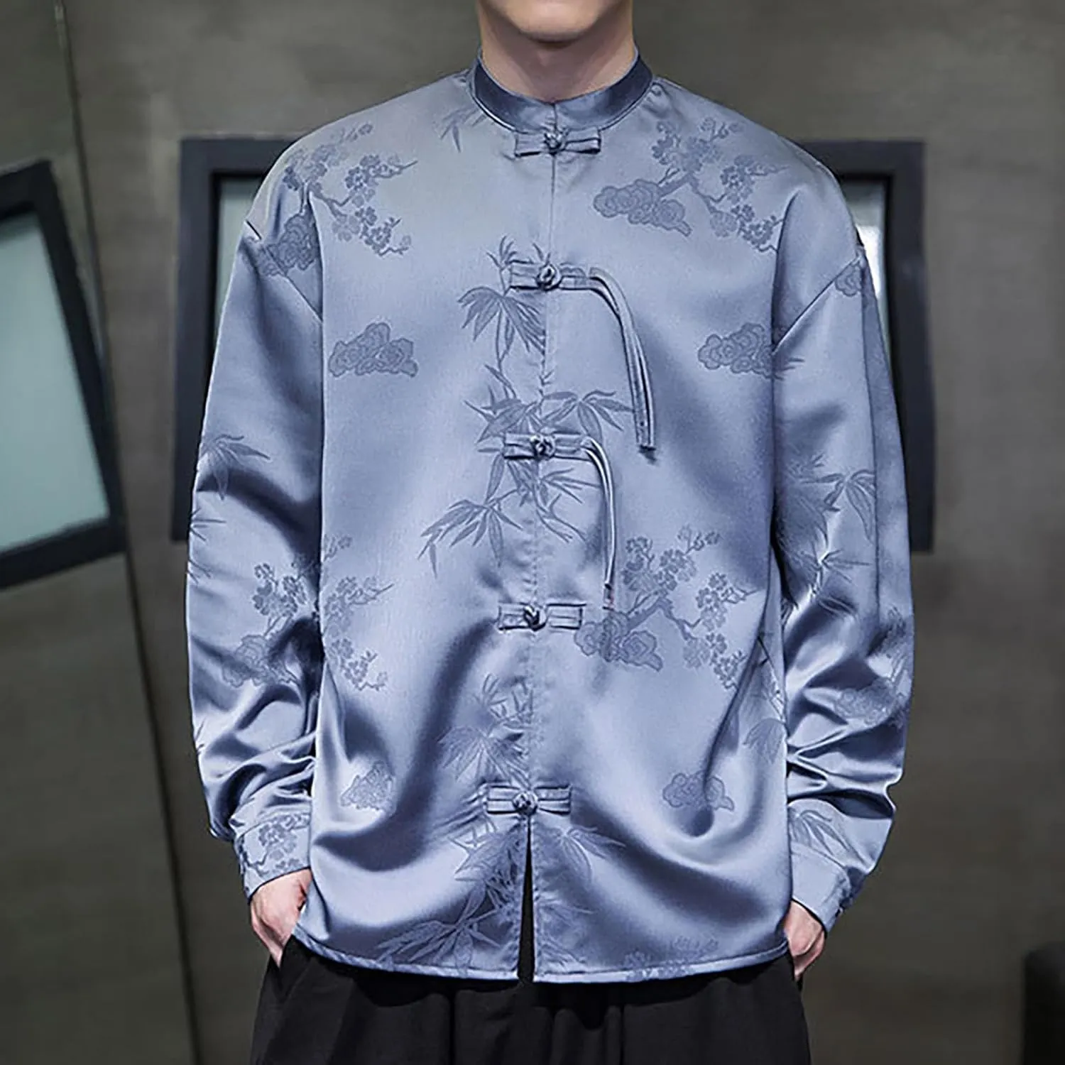 Tai Chi Clothing Chinese Traditional Uniform Tops Kung Fu Clothes Luxury Flowered Printed Button Down Satin Shirt Big&Tall