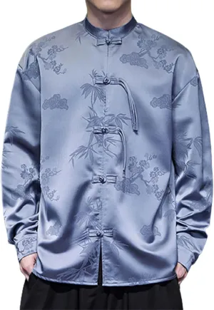 Tai Chi Clothing Chinese Traditional Uniform Tops Kung Fu Clothes Luxury Flowered Printed Button Down Satin Shirt Big&Tall