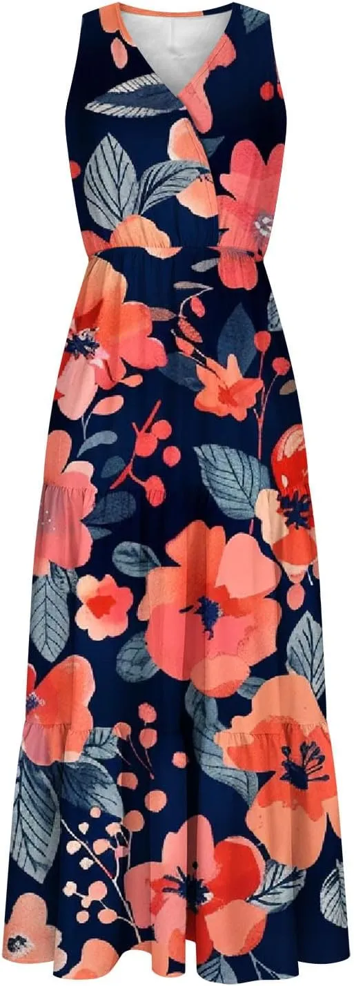 TANGNADE Women Summer Dresses Casual Sleeveless Maxi Dresses V Neck Cute Long Dress Wedding Guest Dress