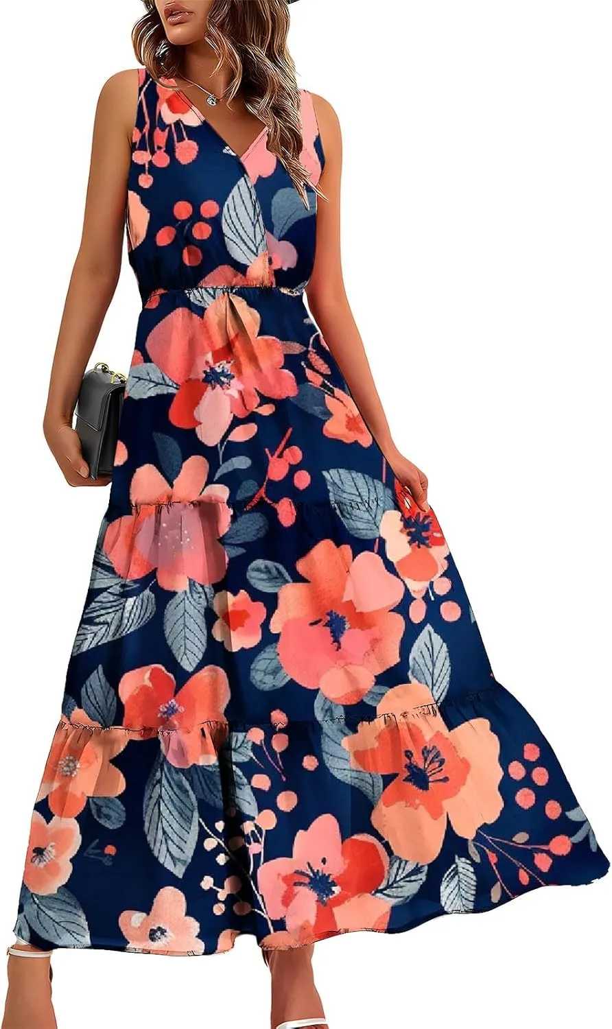 TANGNADE Women Summer Dresses Casual Sleeveless Maxi Dresses V Neck Cute Long Dress Wedding Guest Dress