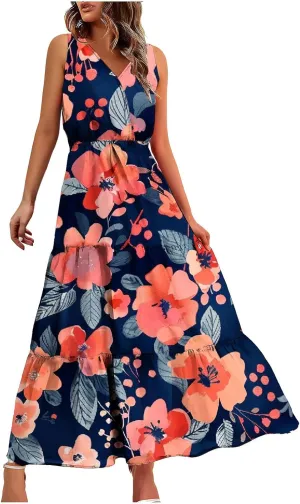 TANGNADE Women Summer Dresses Casual Sleeveless Maxi Dresses V Neck Cute Long Dress Wedding Guest Dress