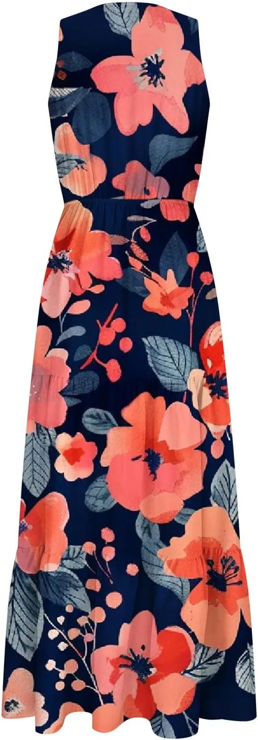 TANGNADE Women Summer Dresses Casual Sleeveless Maxi Dresses V Neck Cute Long Dress Wedding Guest Dress