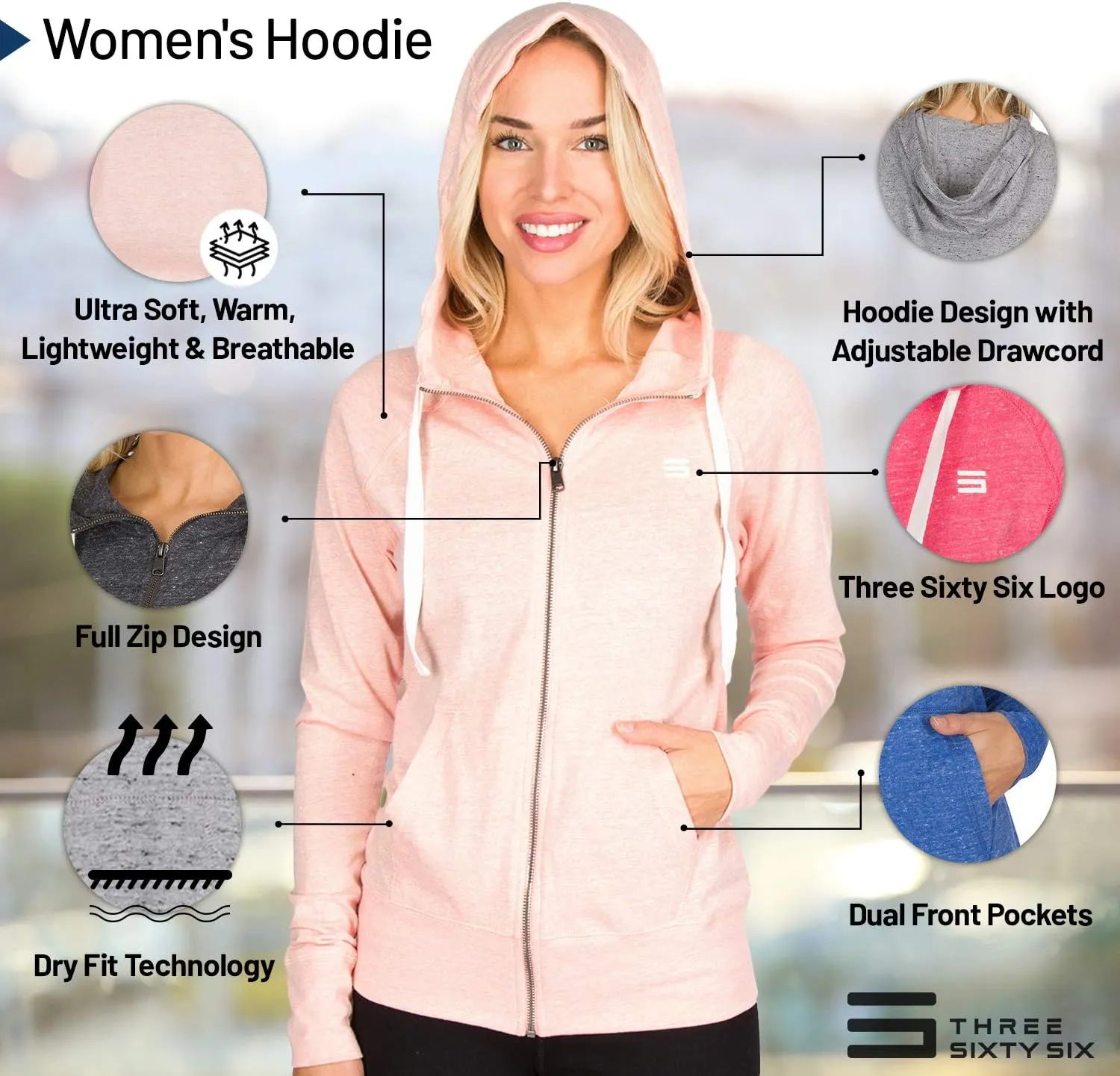 Three Sixty Six Dry Fit Sweatshirts for Women - Zip Up Hoodie Sweater Jacket with Dual Pockets