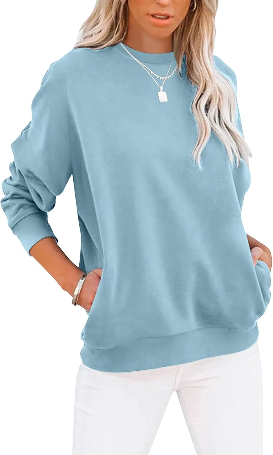 TICTICMIMI Women's Casual Long Sleeve Color Block/Solid Tops Crewneck Sweatshirts Cute Loose Fit Pullover with Pockets