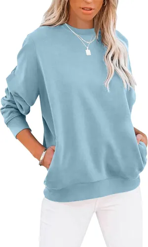 TICTICMIMI Women's Casual Long Sleeve Color Block/Solid Tops Crewneck Sweatshirts Cute Loose Fit Pullover with Pockets
