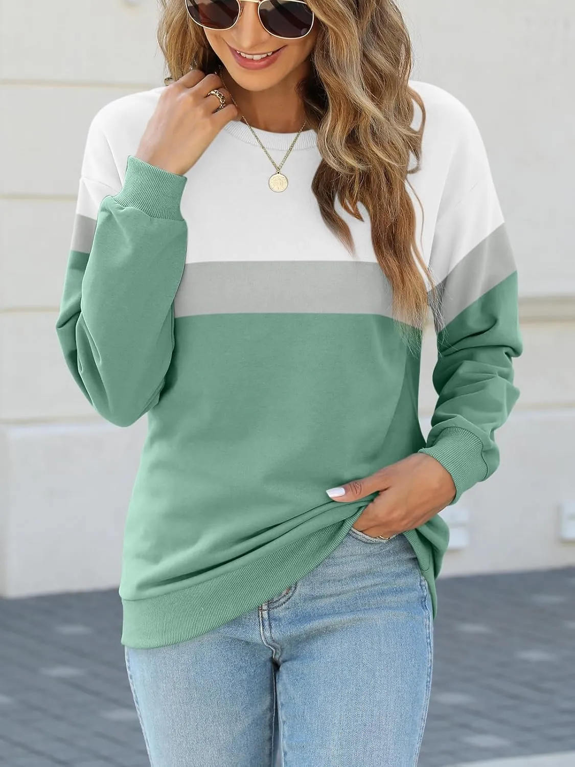 TICTICMIMI Women's Long Sleeve Tops Casual Color Block/Solid Cute Crewneck Sweatshirts Pullover Fall Shirts
