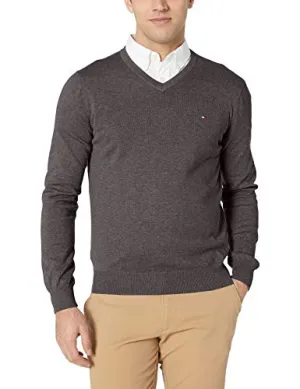 Tommy Hilfiger Men's Cotton V Neck Sweater, Asphalt Heather, Medium