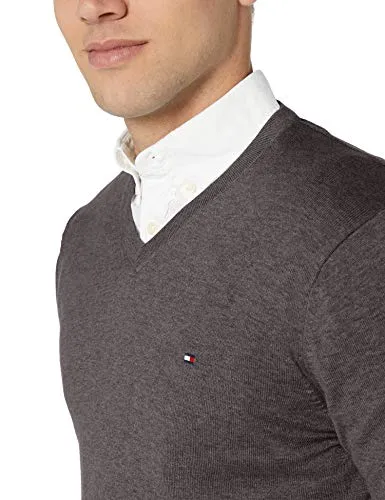 Tommy Hilfiger Men's Cotton V Neck Sweater, Asphalt Heather, Medium