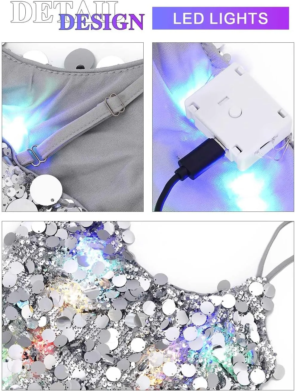 TWINKLEDE Light Up Sequin Dress Sparkly Bodycon Slip Mini Dresses Disco Clubwear Costume for Women