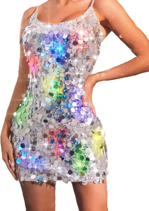 TWINKLEDE Light Up Sequin Dress Sparkly Bodycon Slip Mini Dresses Disco Clubwear Costume for Women
